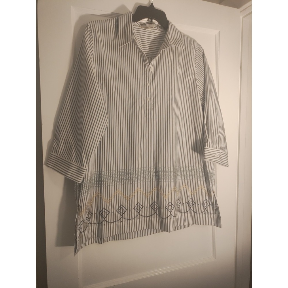 Coldwater Creek XL 100% Cotton Embroidered Striped Tunic Shirt Blue White Boho